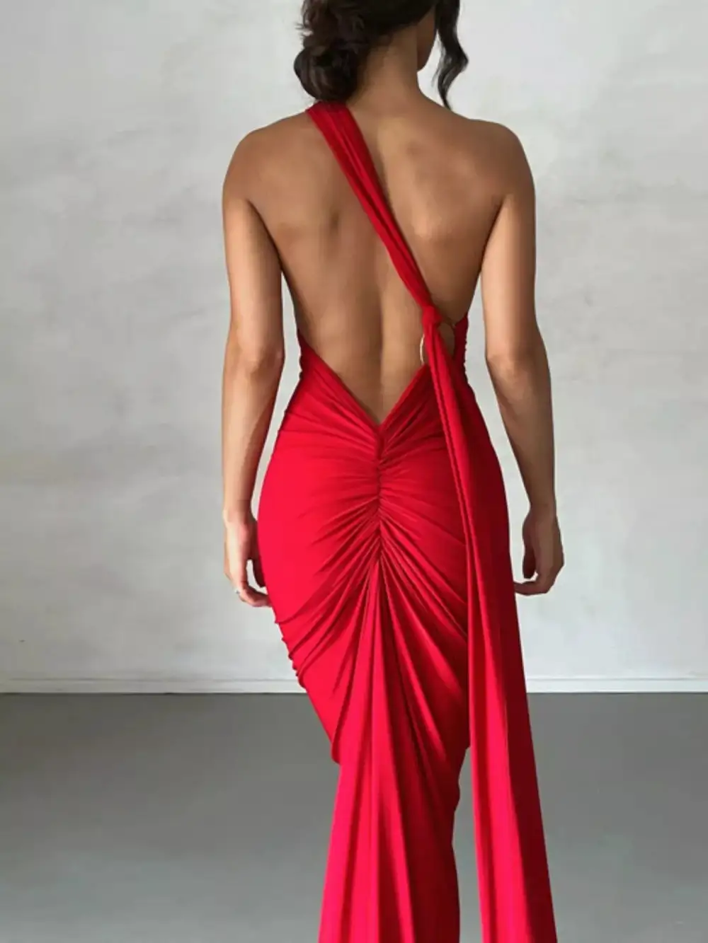 Backless One Shoulder Ruched Bodycon Maxi Dress