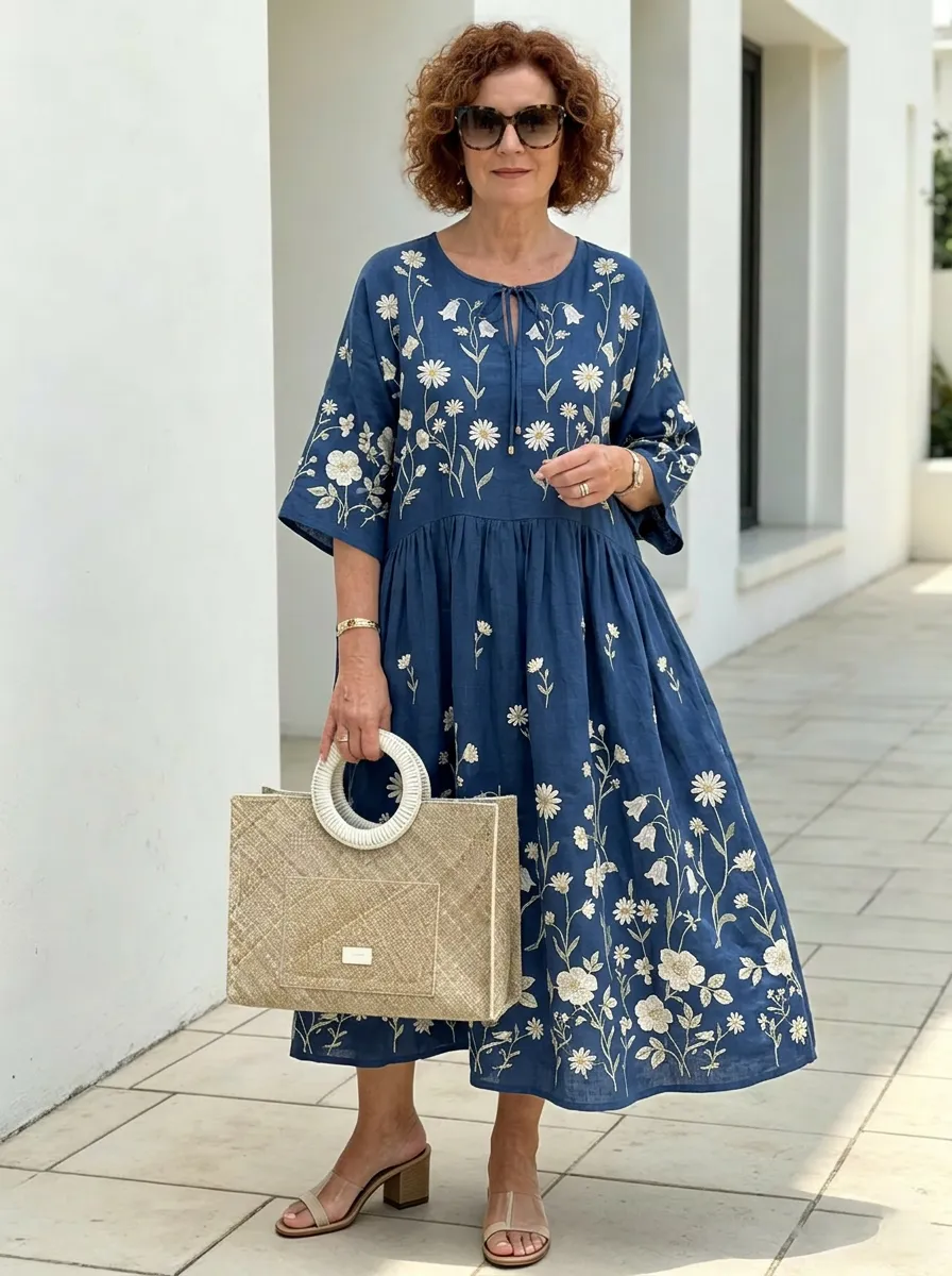 Women's Summer Vacation White Daisy Floral Embroidered Printed Dress