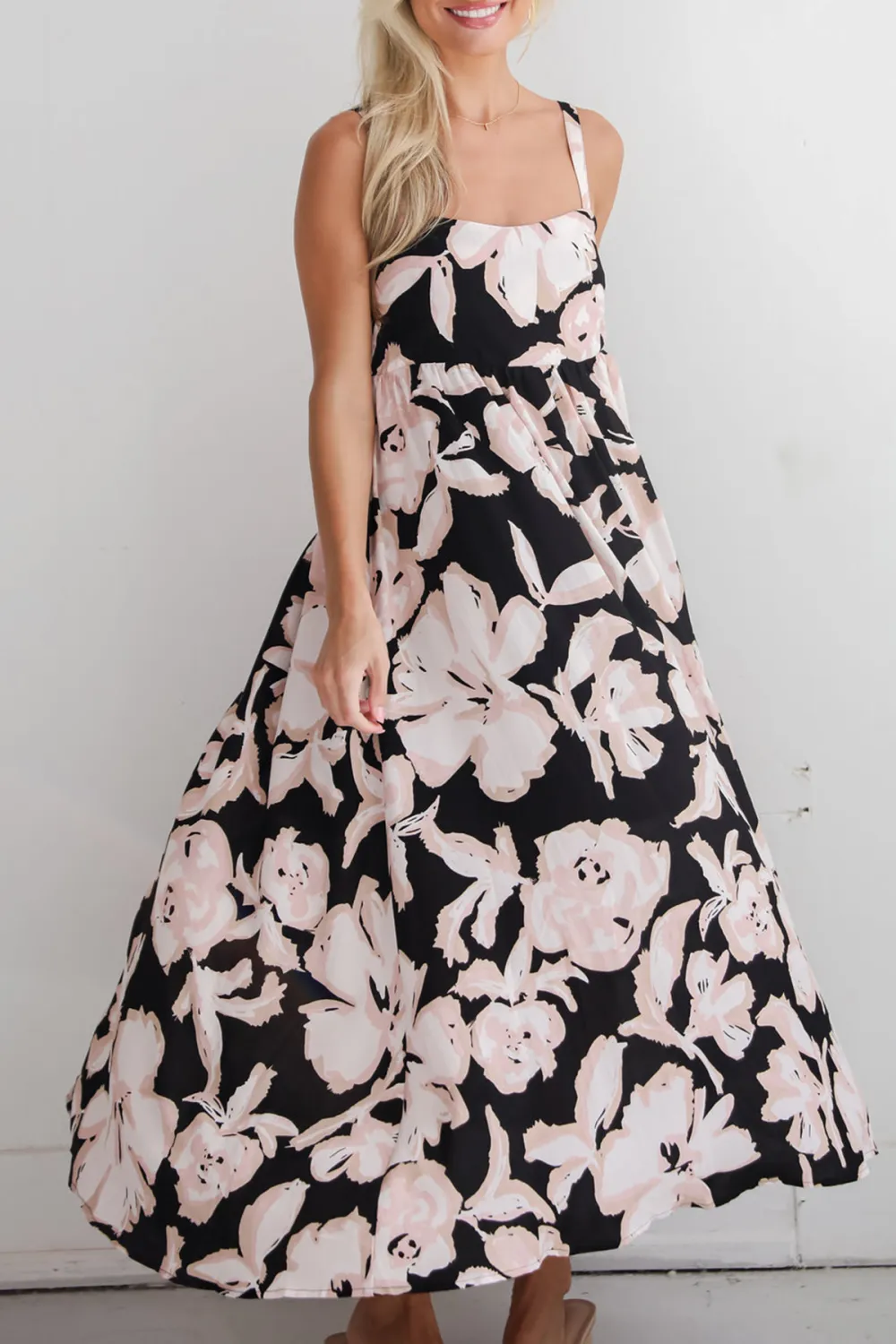 Black Strapless Floral Midi Dress