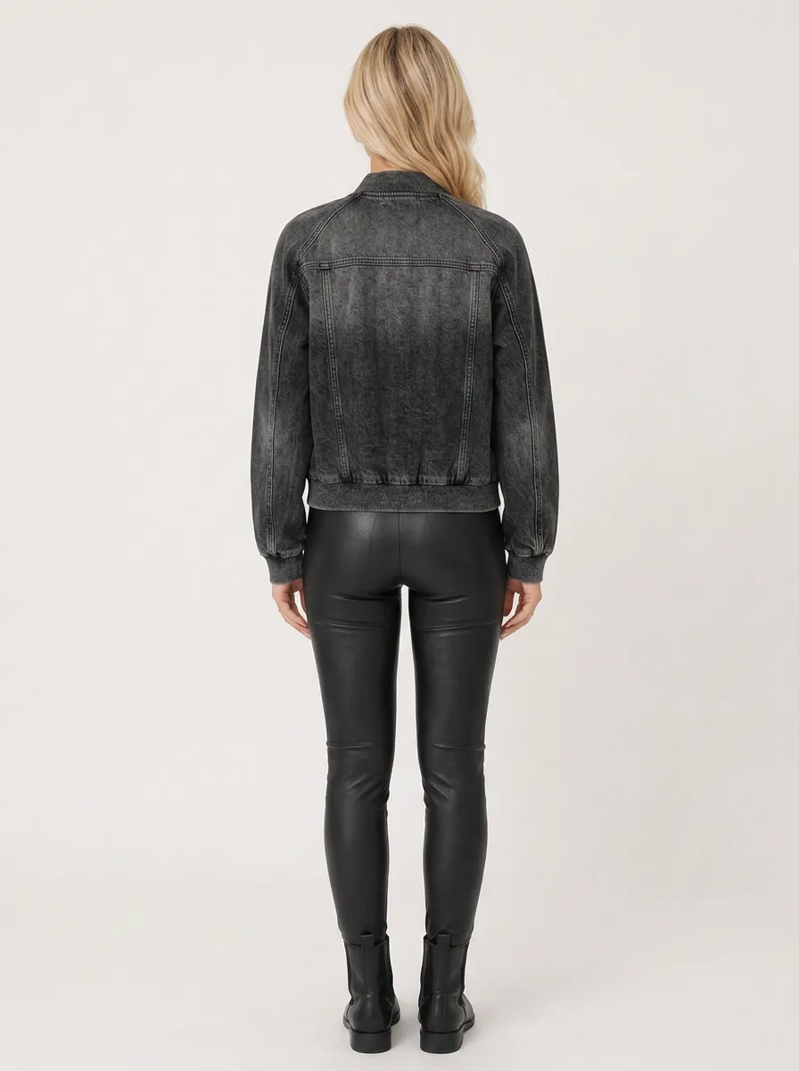 Women's Vintage Washed Black Denim Bomber Jacket