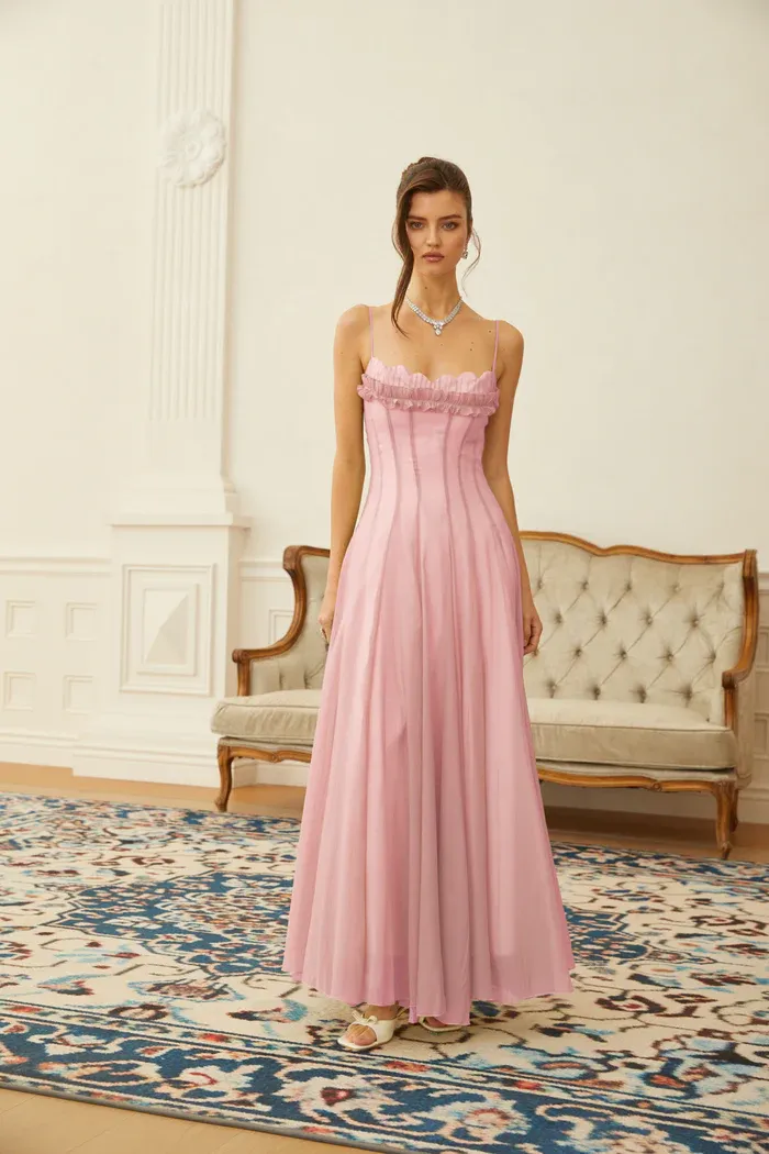 Matcha Ruffled Shirred Tulle Maxi Dress