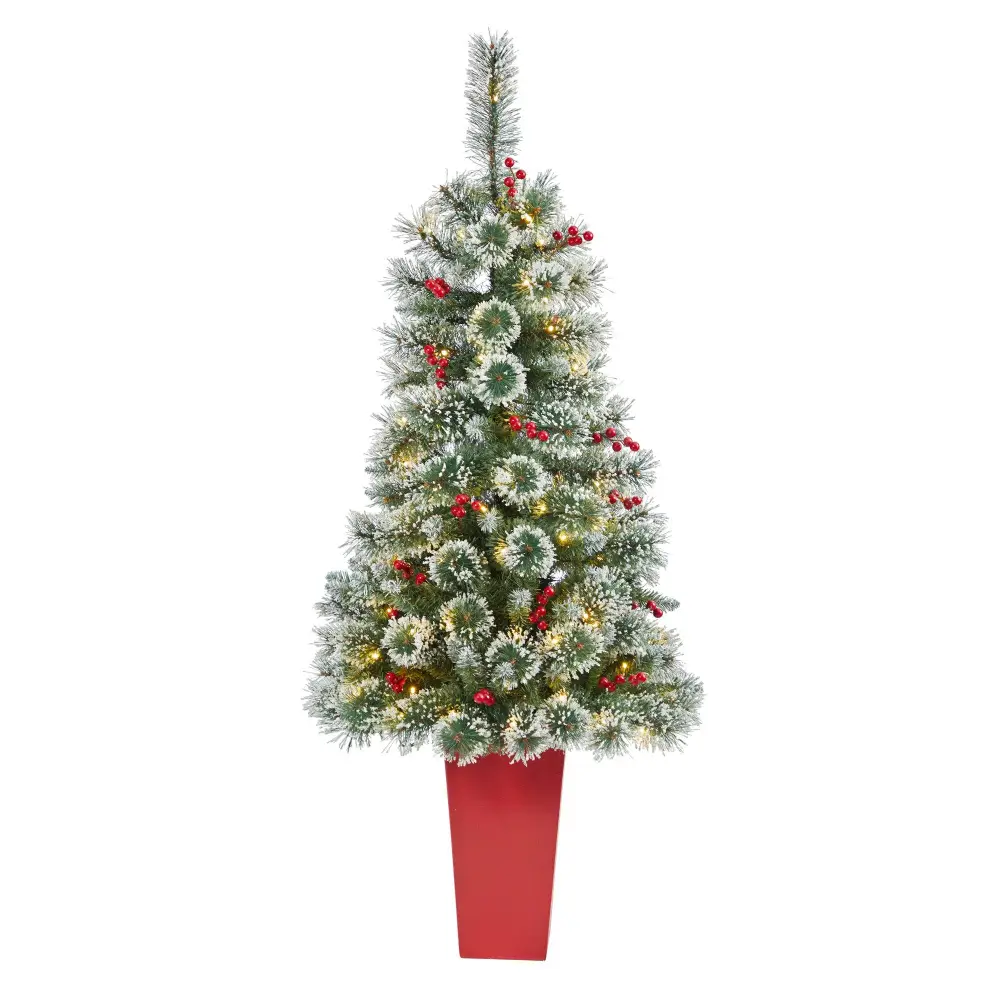 Frosted Swiss Pine Artificial Christmas Tree with Clear LED Lights and Berries in Tower Planter