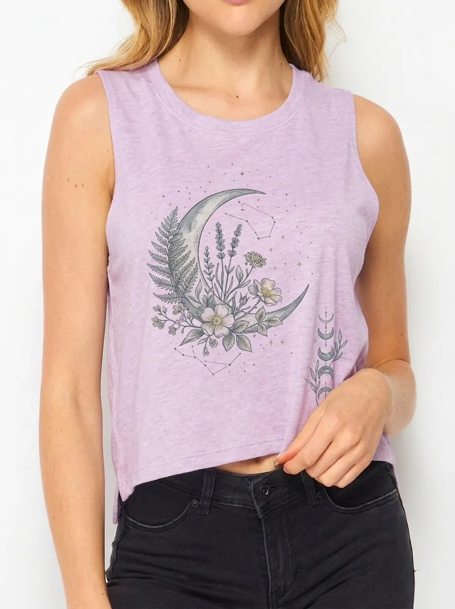 Women's Celestial Floral Moon Printed Crop Tank Top