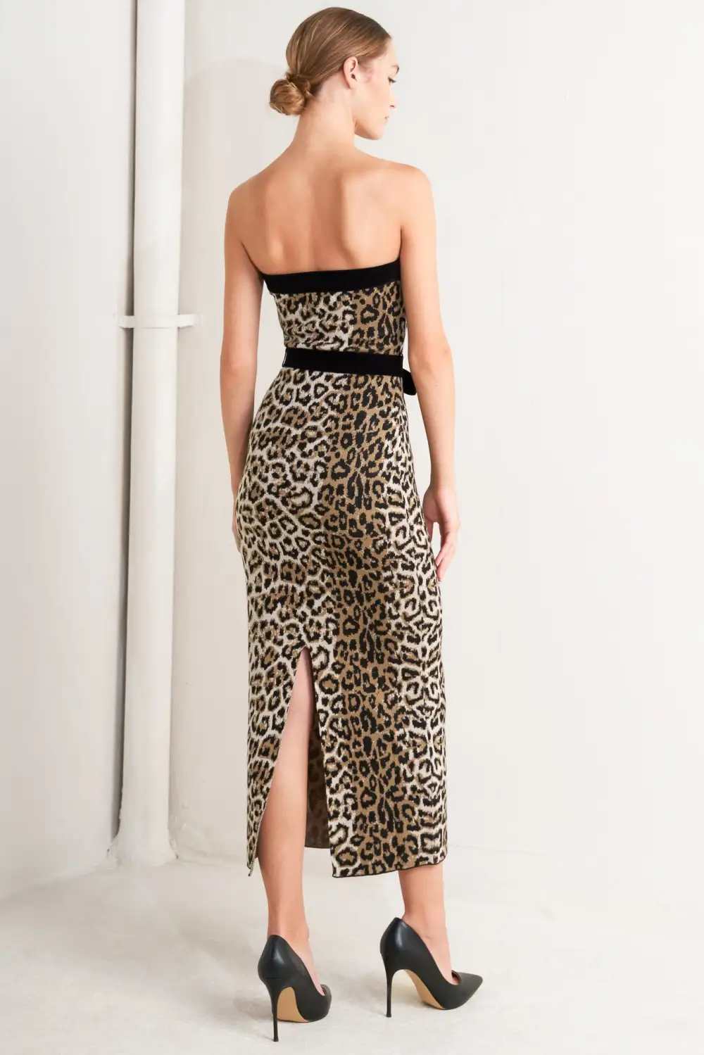 Strapless Knit Leopard-Print Midi Dress