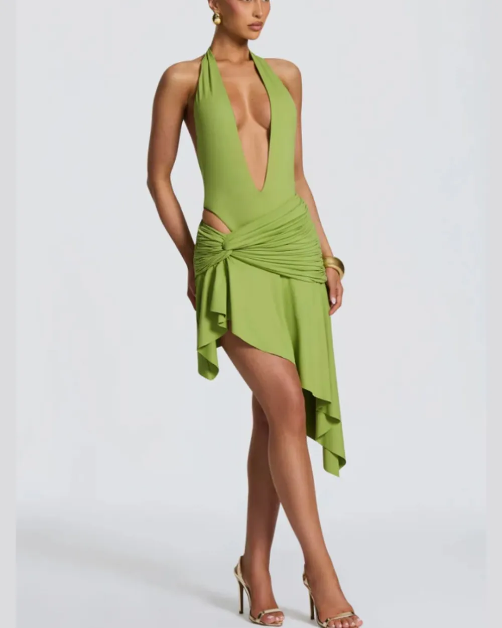 V Halter Twist Asymmetric Mini Dress