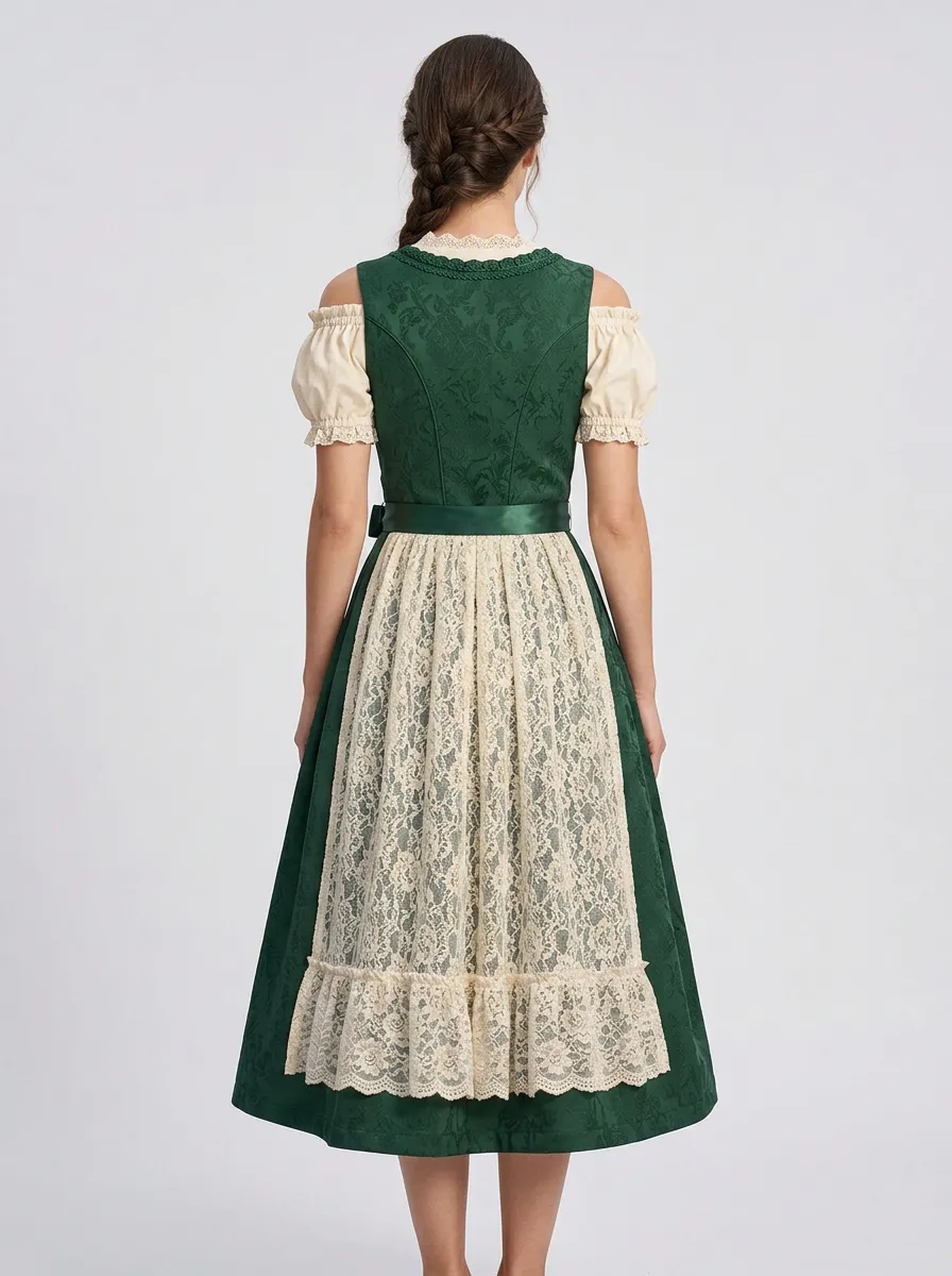 Floral Embroidered Lace Apron Sweetheart Neck Traditional Women's Bavarian Oktoberfest Dirndl Dress
