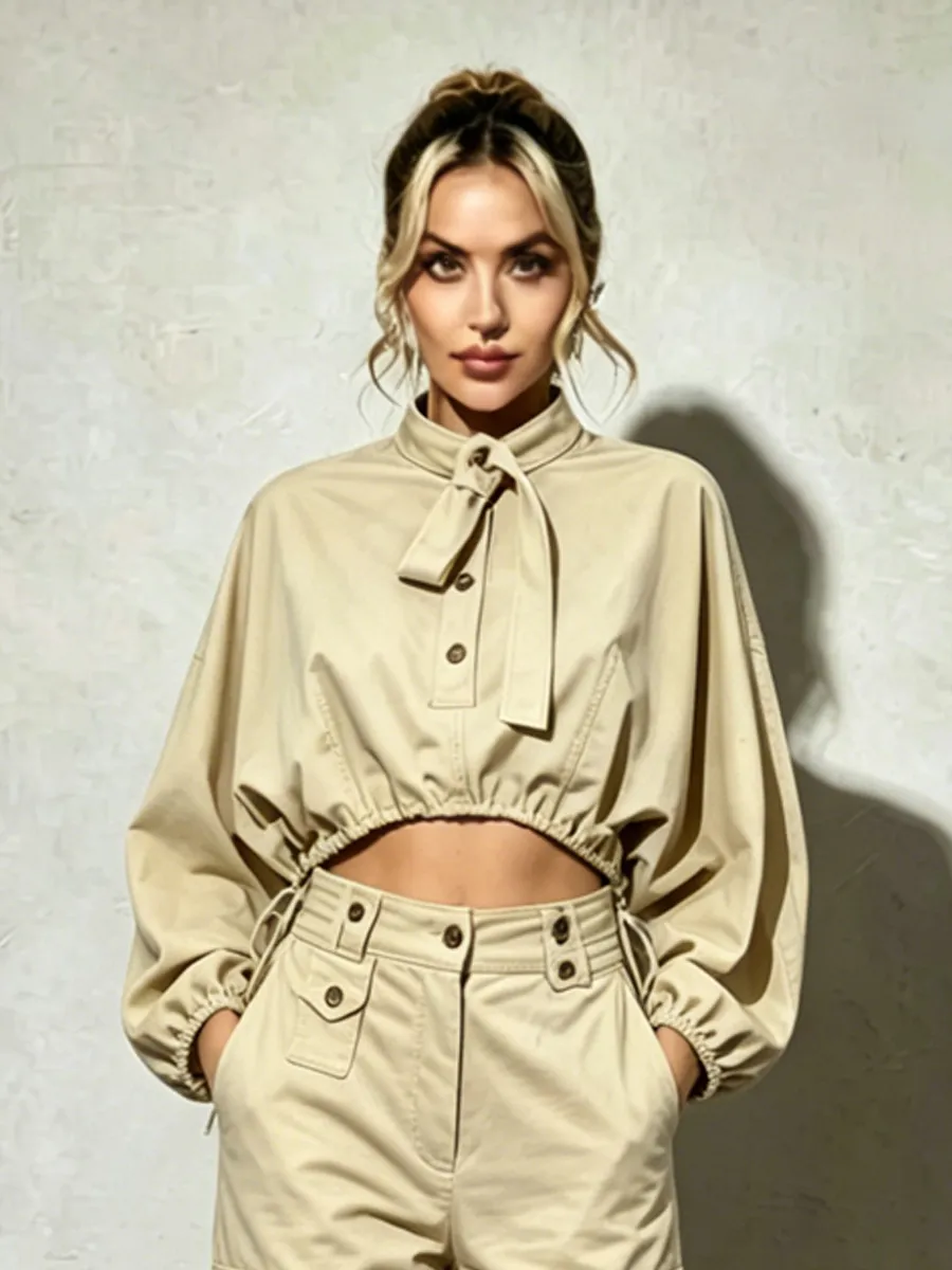 Mara Loose-Fit Cargo Top with Lantern Sleeves and Drawstring