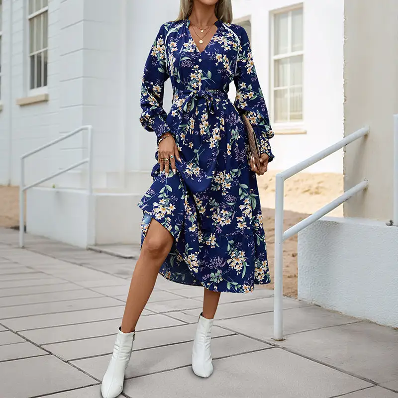 Women's Fitted V-Neck Long-Sleeve Floral Dress
