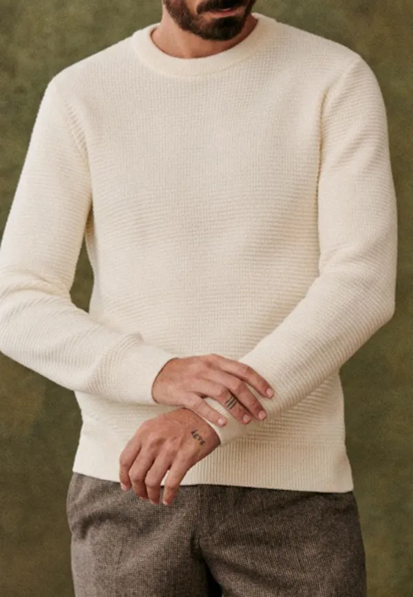 Ecru Waffle Knit Textured Crew Neck Sweater