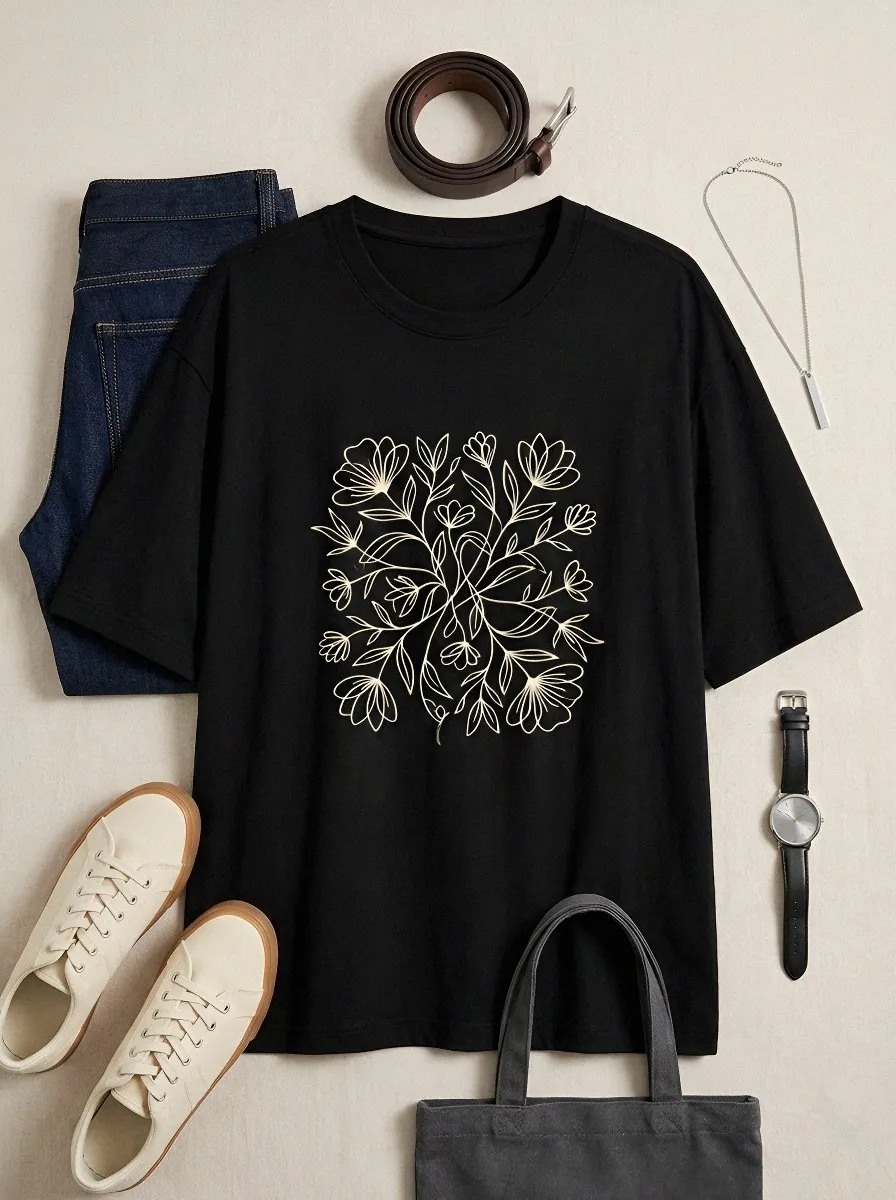 Women's Botanical Minimalist Floral Line Art Printed T-shirt