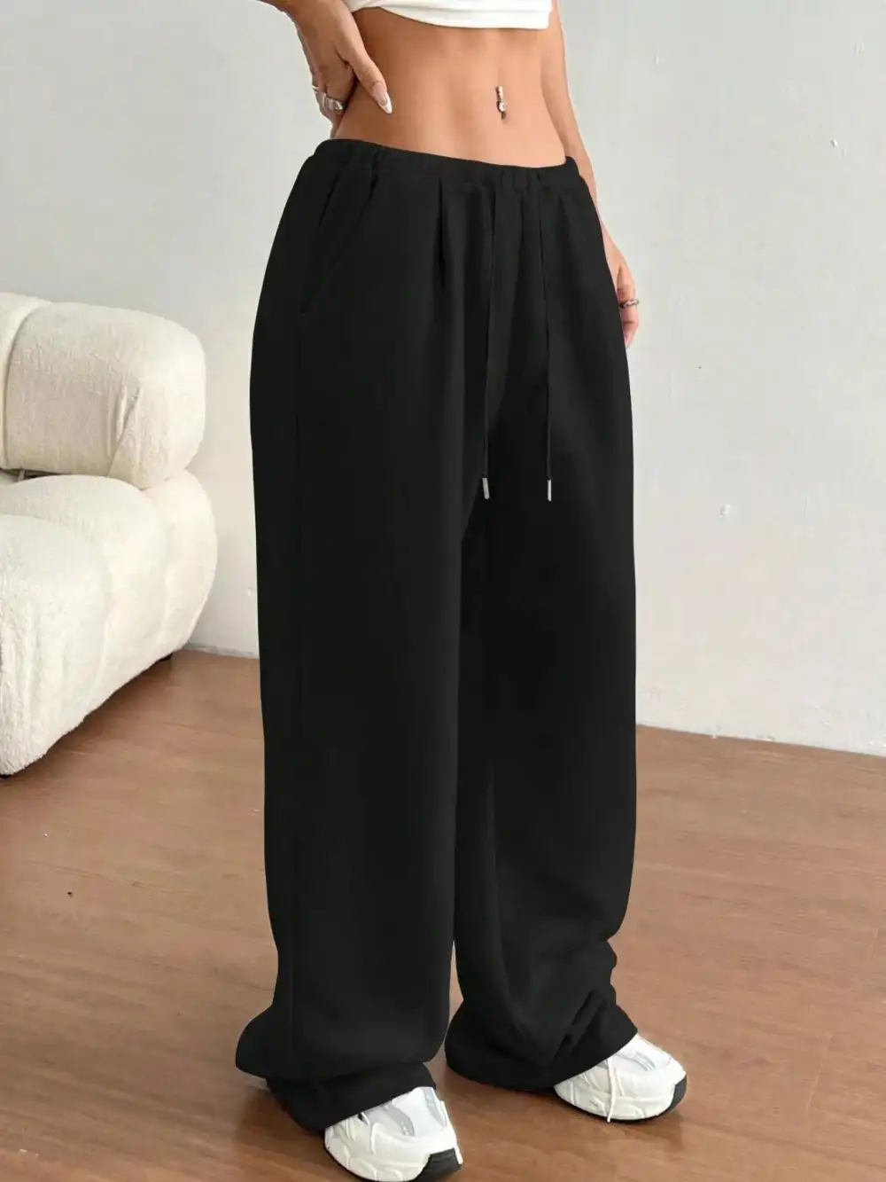 High Waist Drawstring Wide Leg Pocketed Casual Joggers