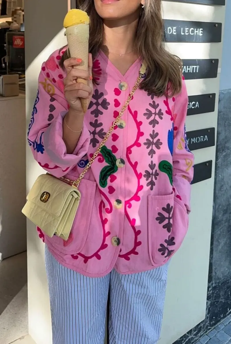 Floral Single-Breasted V-Neck Jacket