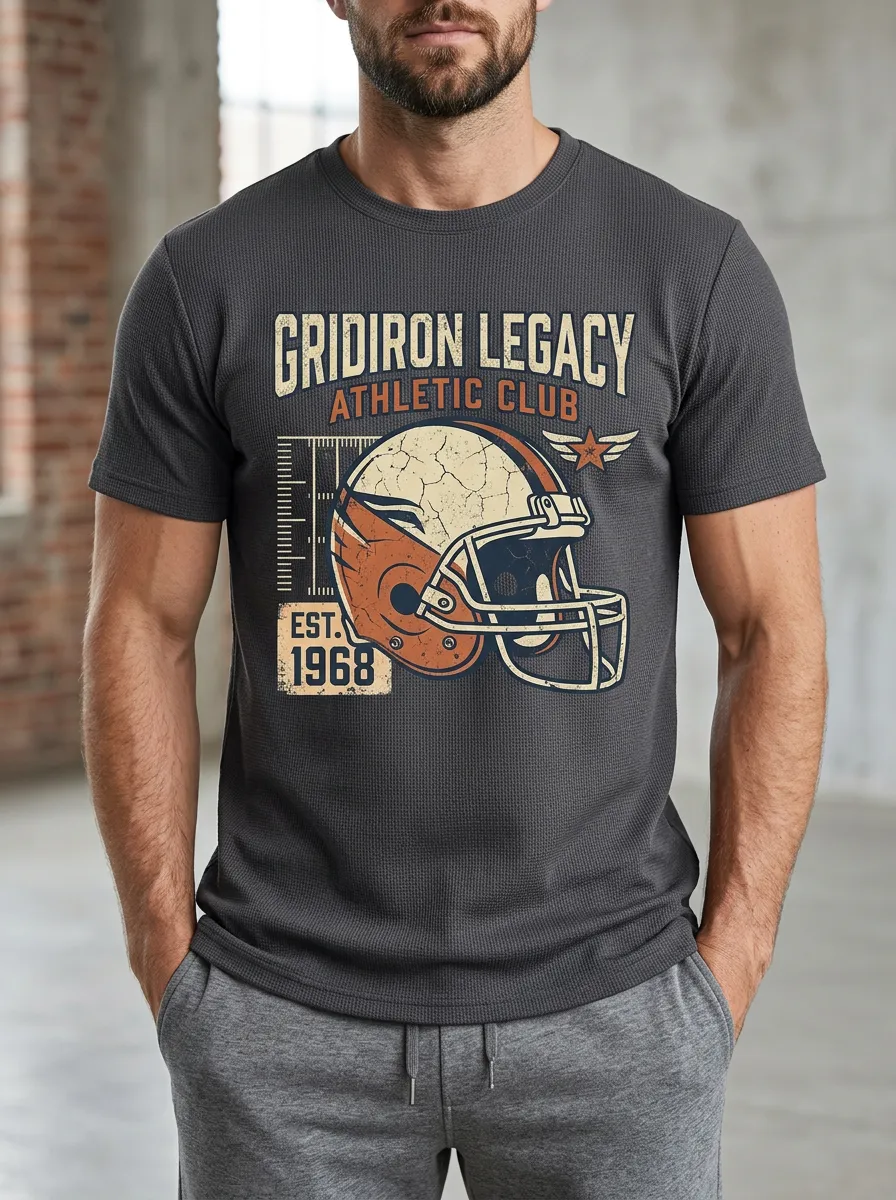 Men's Vintage Inspired Helmet Football Gridiron Crew Neck Graphic T-Shirt
