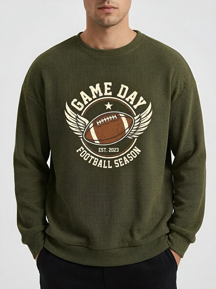 Men's American Football Game Day Winged Ball Printed Waffle Sweatshirt