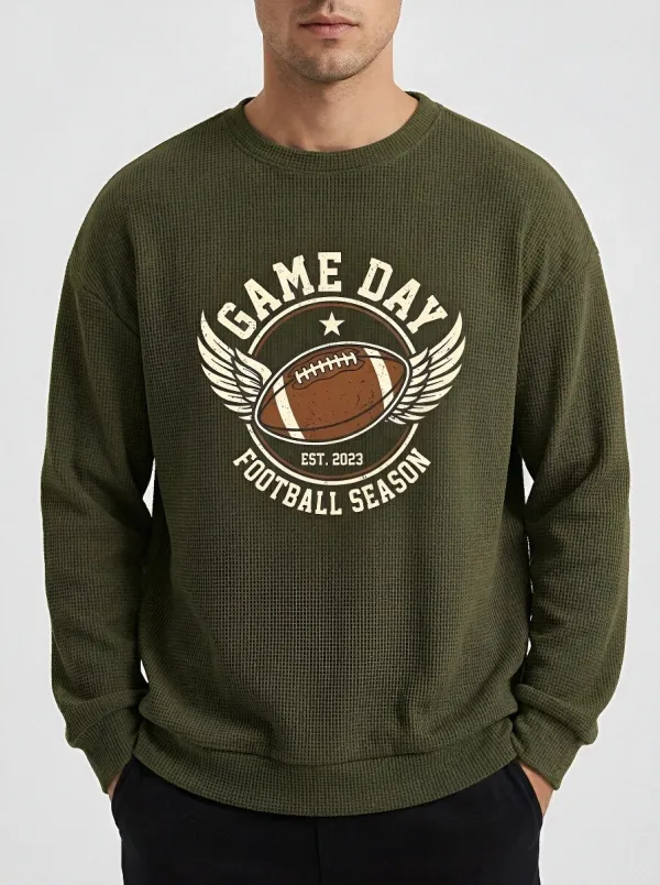 Men's American Football Game Day Winged Ball Printed Waffle Sweatshirt