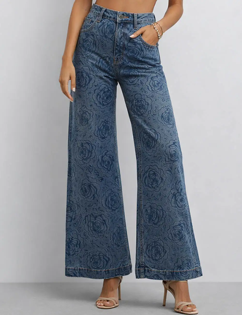 Floral Jacquard Jeans Button Waist Wide Leg Denim Pants