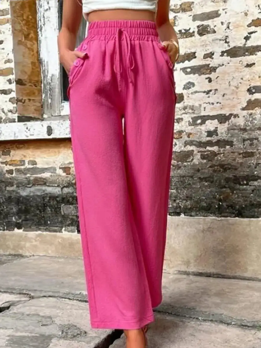 Wide Leg High Waist Tie Waist Pocketed Pants