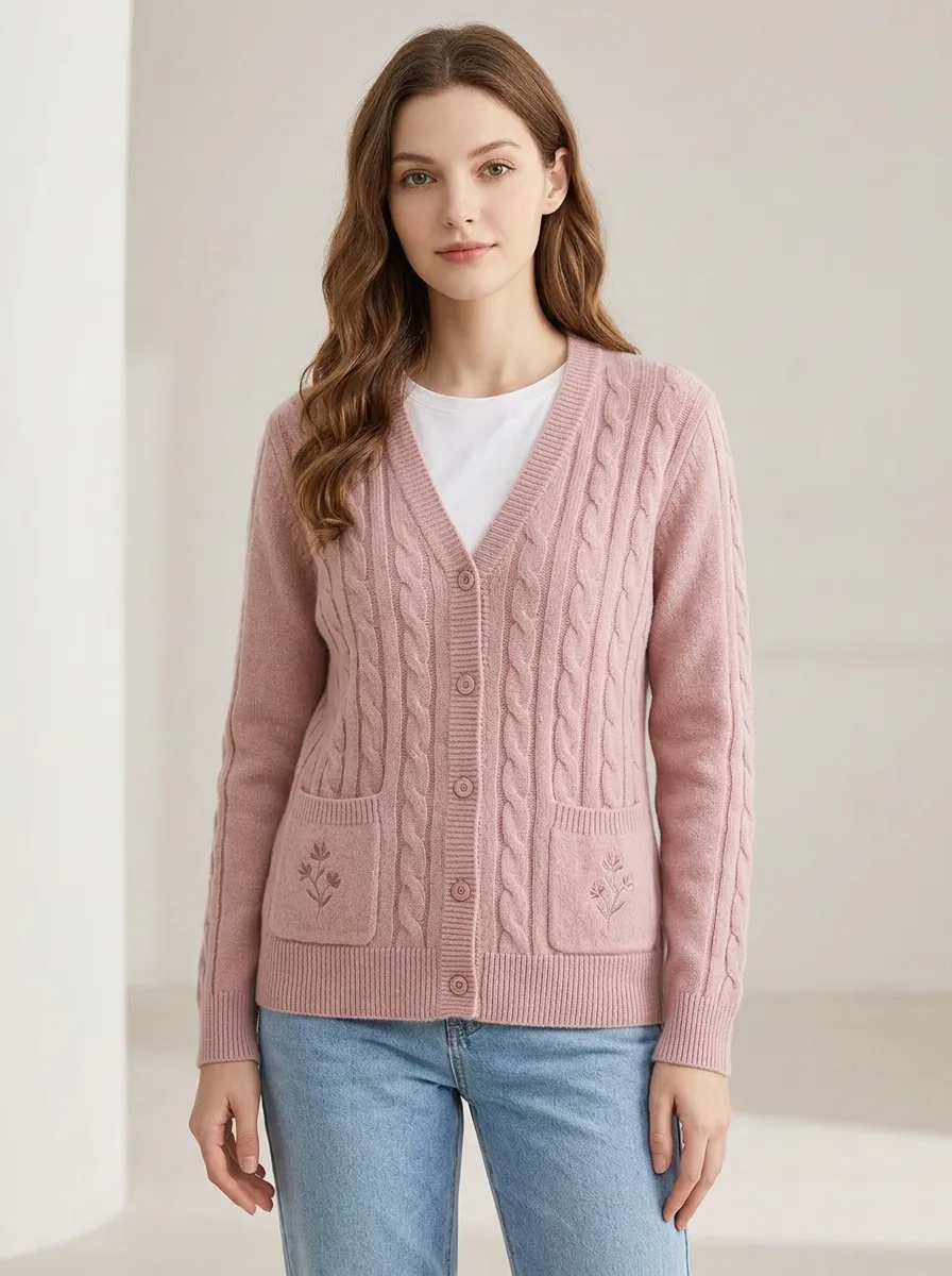 Women's Pink Floral Embroidered Cable Knit Button Cardigan