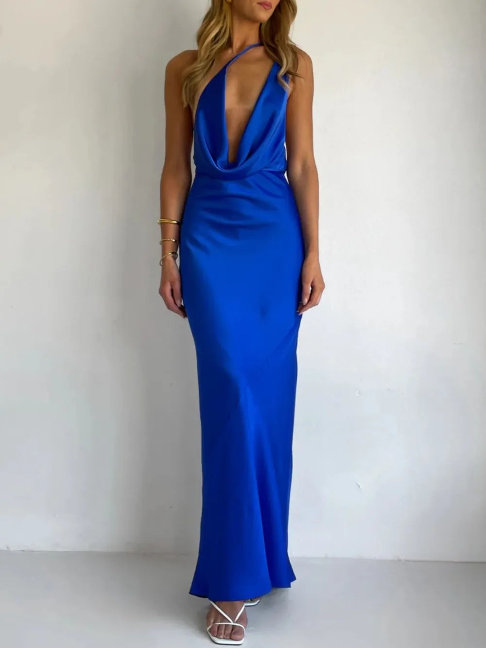 Ruched Halter Satin Maxi Dress