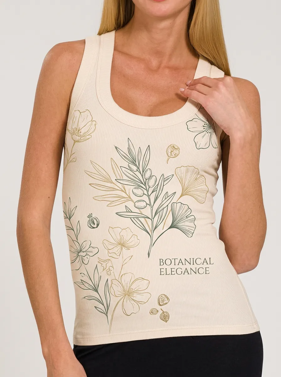 Women's Botanical Nature Lover Olive Branch Floral Printed Ribbed Tank Top