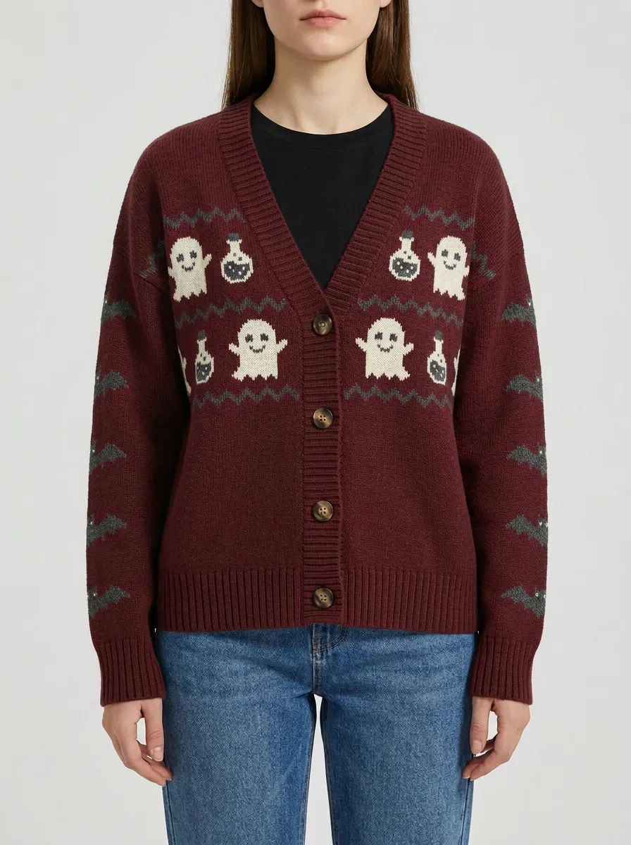 Women's Halloween Ghost Potion Bat Pattern Knitted Cardigan