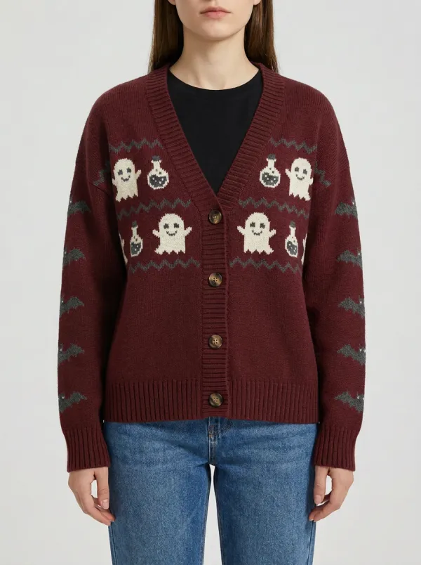 Women's Halloween Ghost Potion Bat Pattern Knitted Cardigan