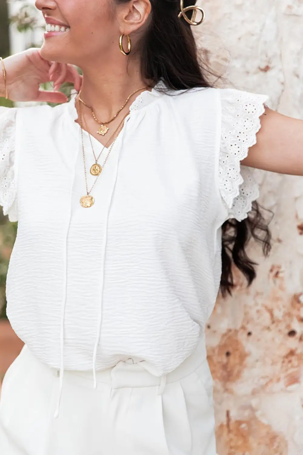 Embroidered Ruffled Textured Blouse