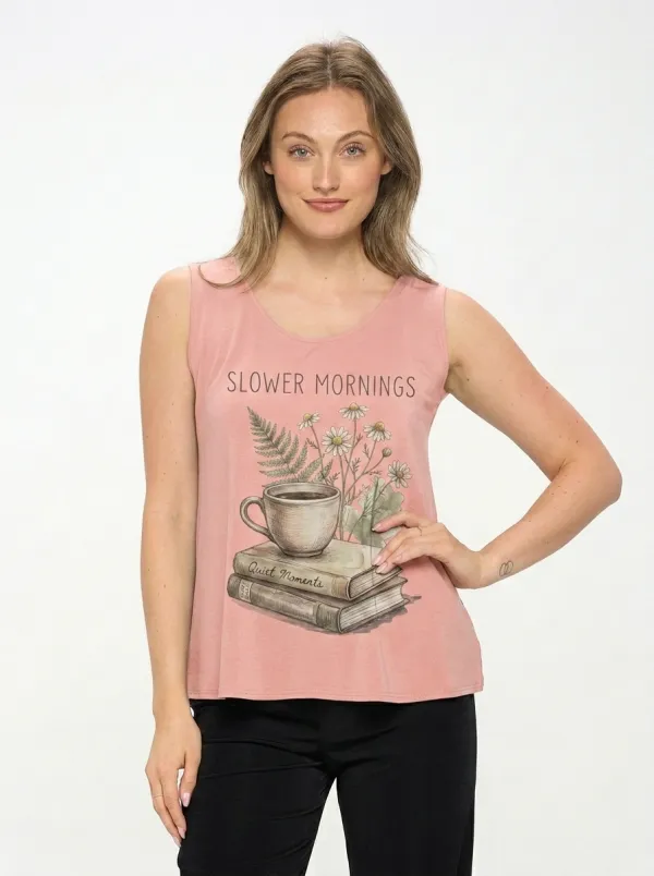 Women's Coffee Book Lover Daisy Floral Printed Tank Top