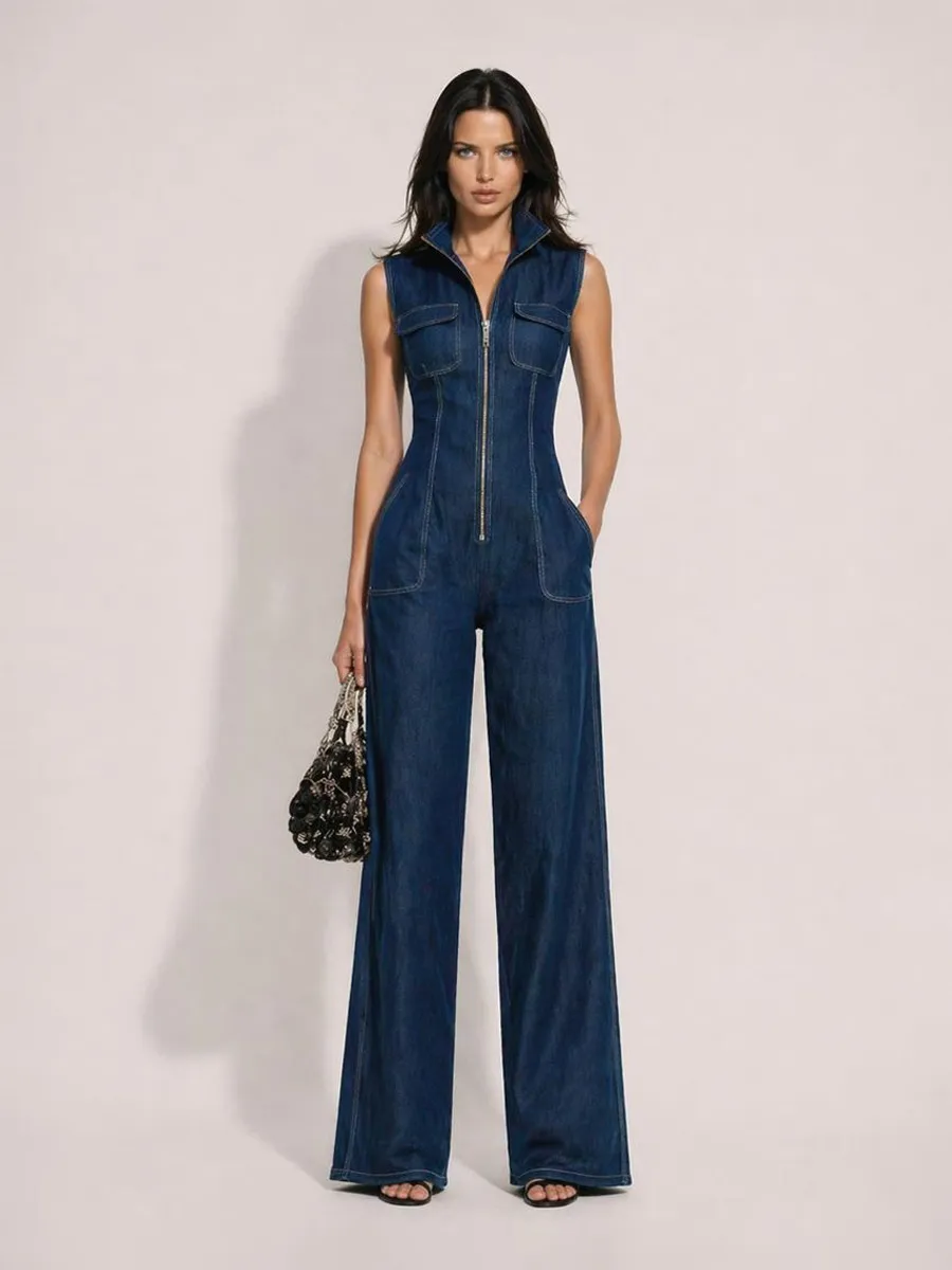 Celine Retro Stand-Collar Zip-Front Sleeveless Denim Jumpsuit