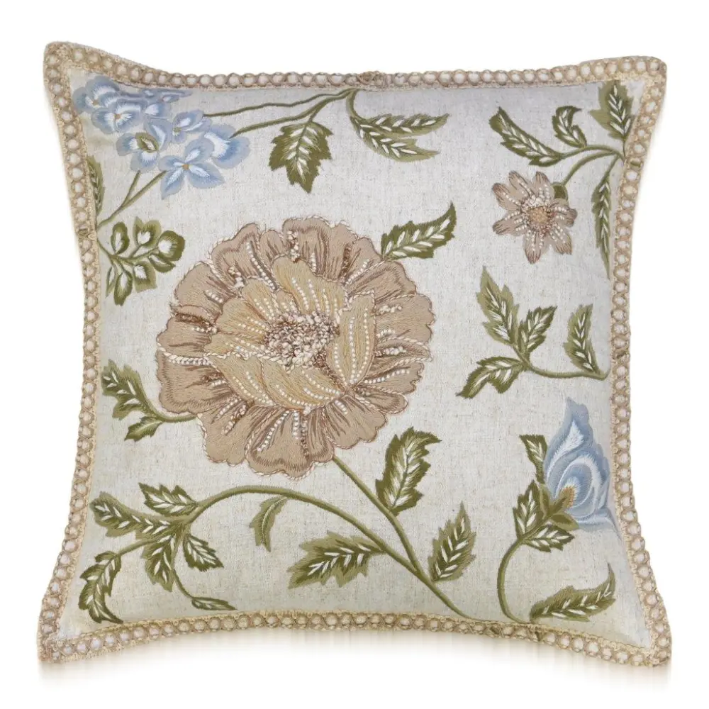 Hand Embroidered Floral Botanical Cotton Linen Decorative Cushion Cover