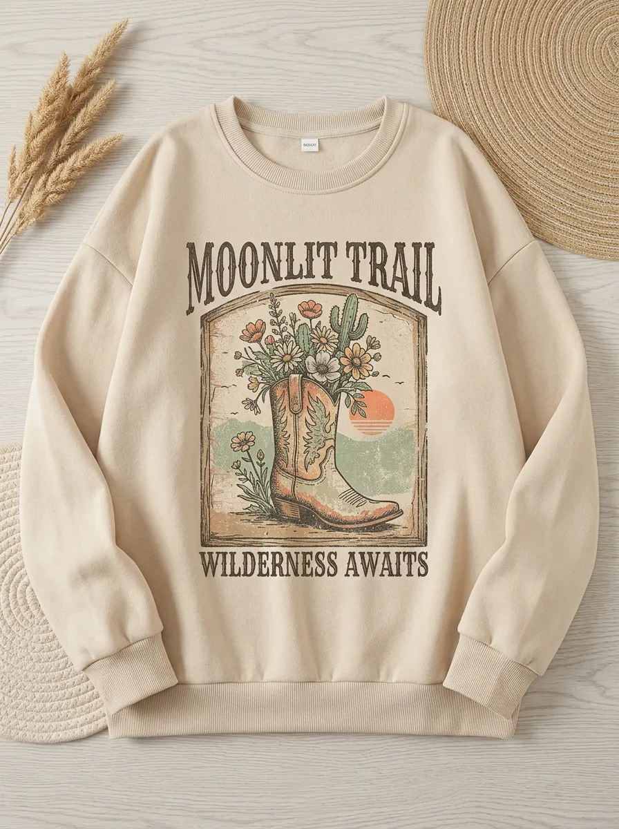 Floral Cowboy-Boot Moon Women's Western Crew Neck Sweatshirt