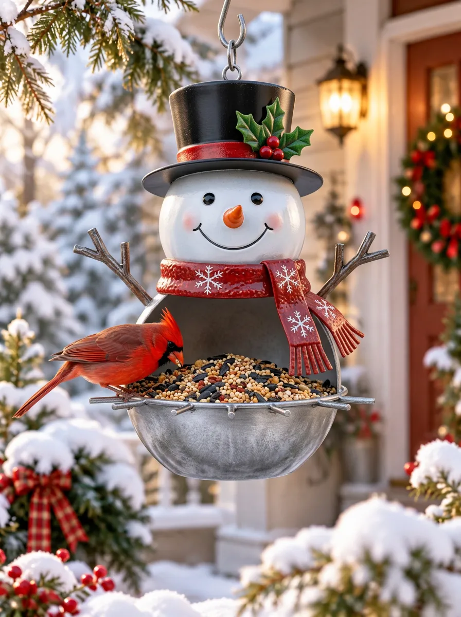 Cozy Snowman Cardinal Christmas Bird Feeder