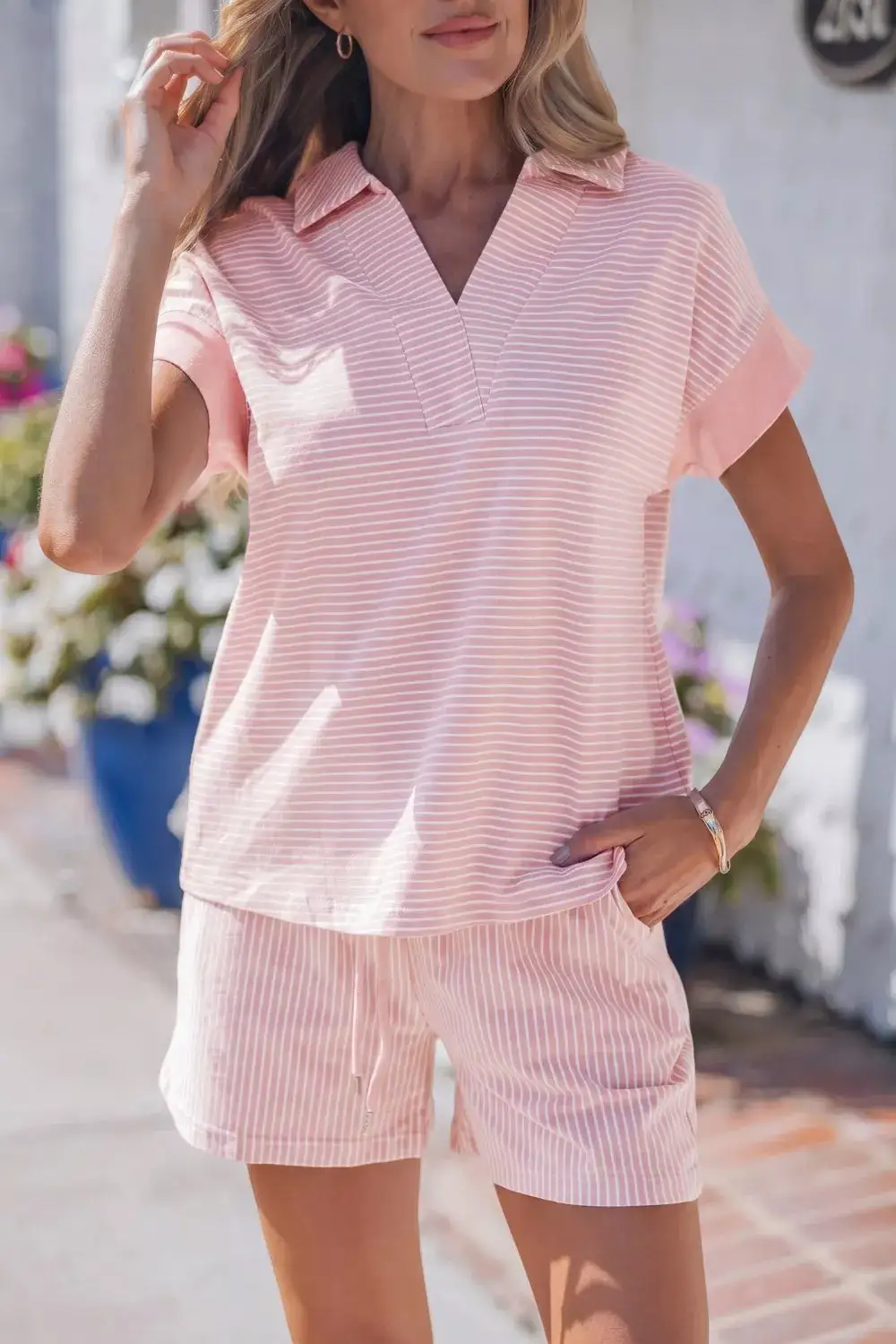 Stripe Dolman Sleeve Polo Shirt Drawstring Shorts Set