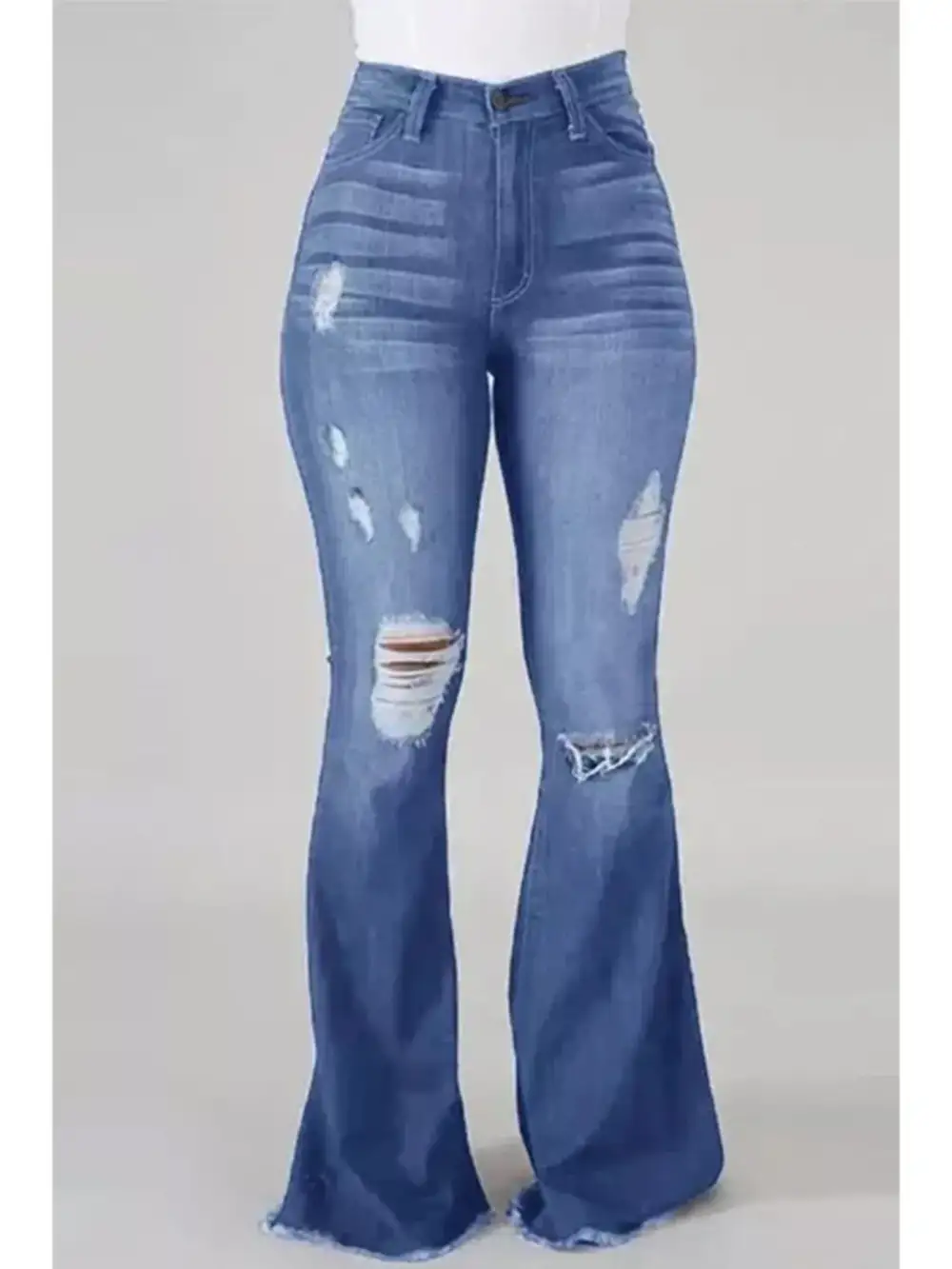 Balanced Flare Leg Raw Hem Distressed Denim Jeans