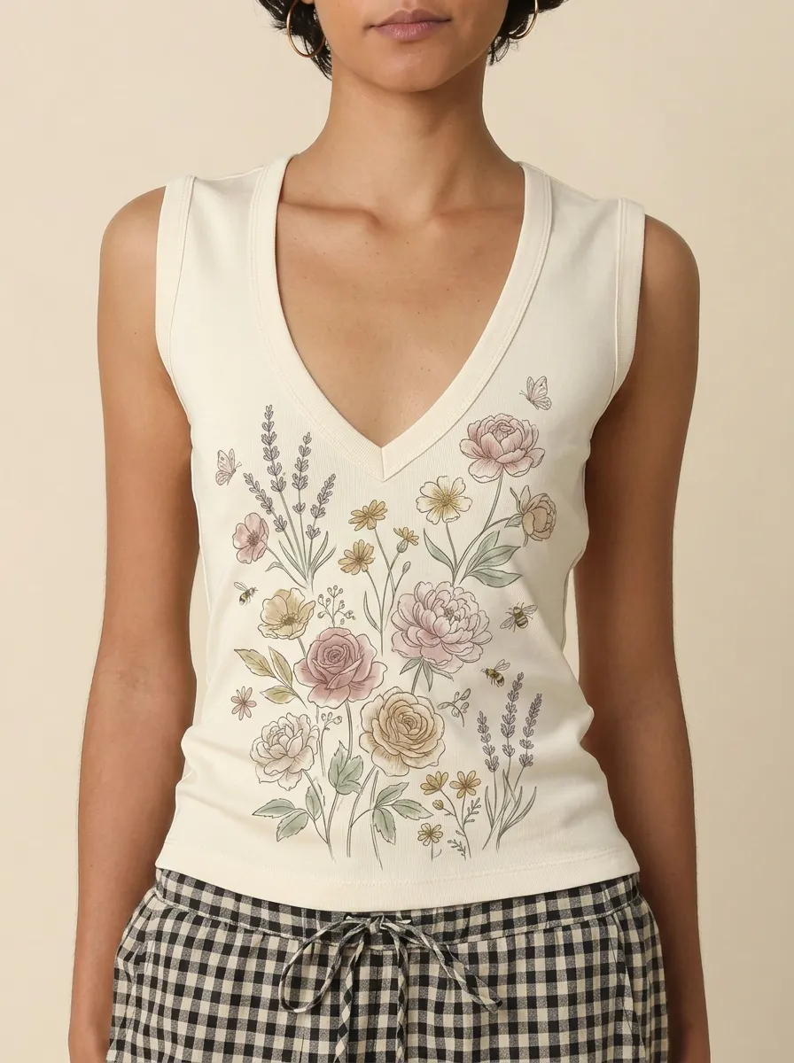 Women's Botanical Garden Floral Butterfly Printed V-neck Tank Top