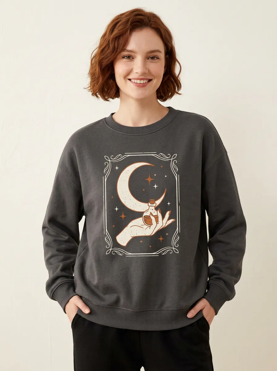 Women's Halloween Witchy Moon Potion Hand Printed Sweatshirt