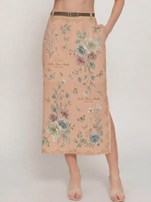 Women's Belted Vintage Floral Butterfly Botanical Printed Midi Skirt
