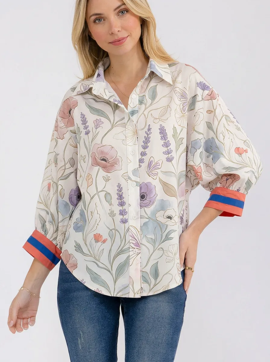 Women's Botanical Floral Lavender Printed Button-Up Shirt