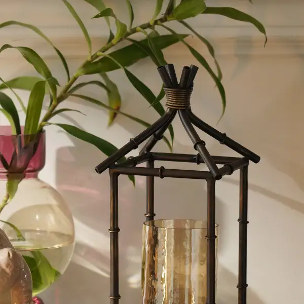 Aged Black Hut Lantern With Glass Insert
