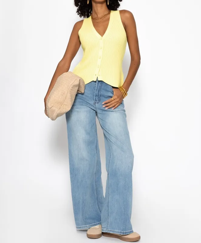 Butter Yellow Knit Button Placket Top