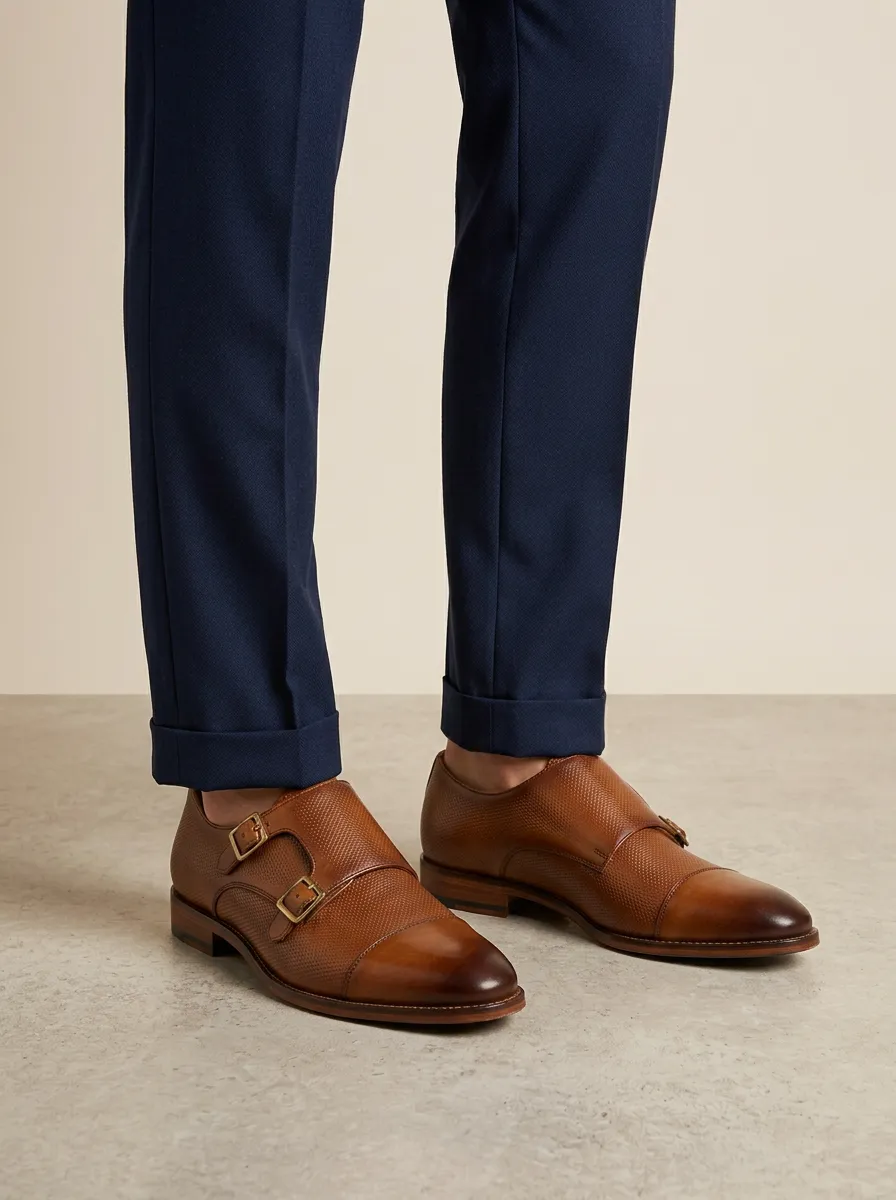 Men's Streamlined Business Formal Perforated Leather Double Monk Strap Shoes