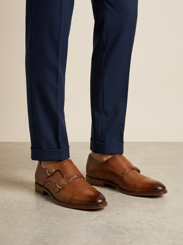 Men's Streamlined Business Formal Perforated Leather Double Monk Strap Shoes