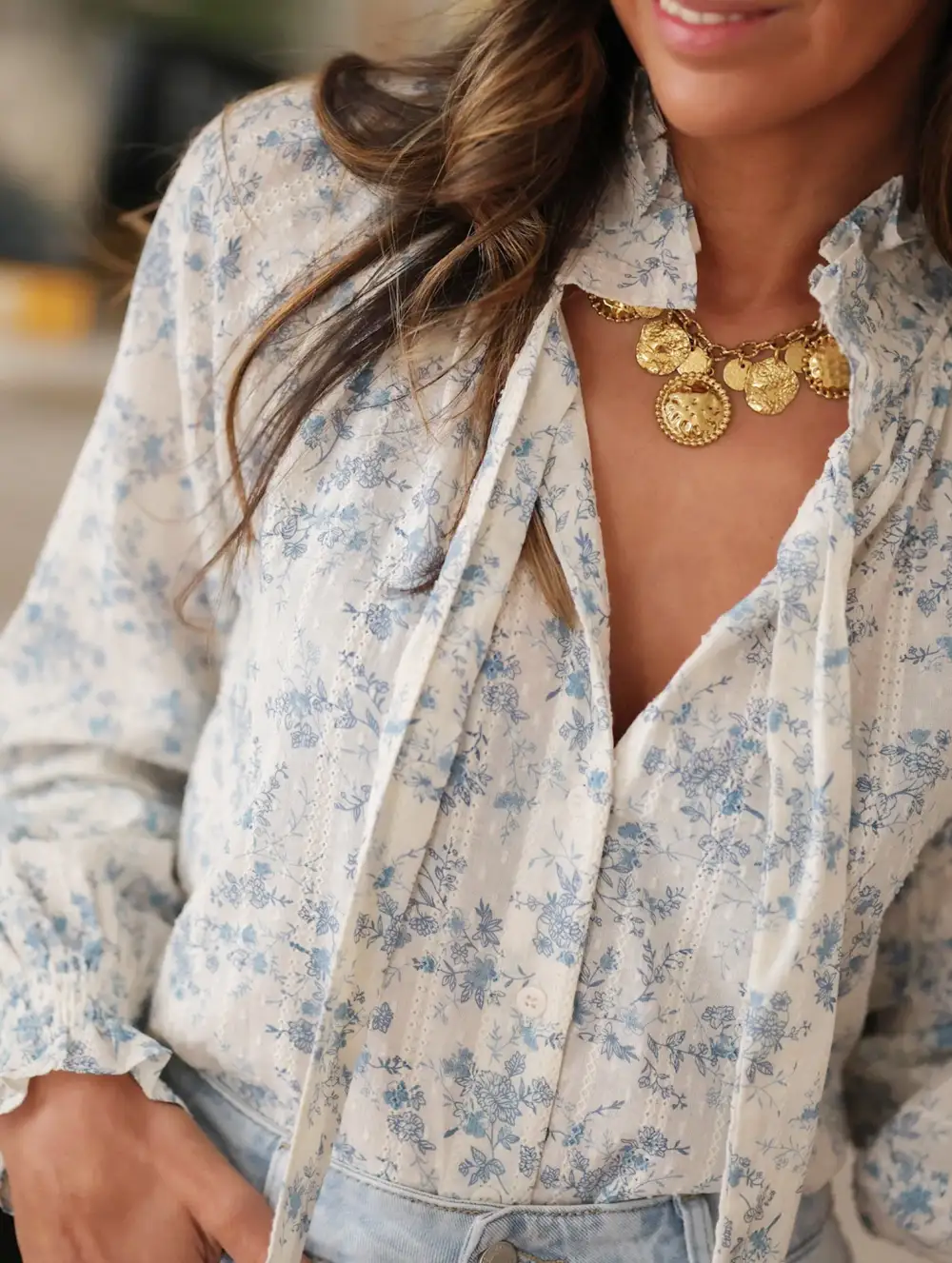 Floral V Neck Tie Long Sleeve Blouse