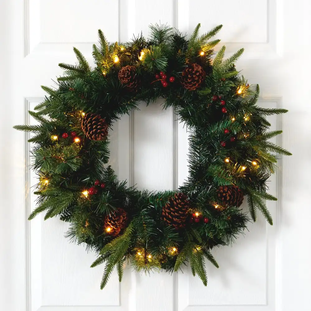 Mixed Pine Artificial Christmas Wreath with Clear LED Lights and Berries