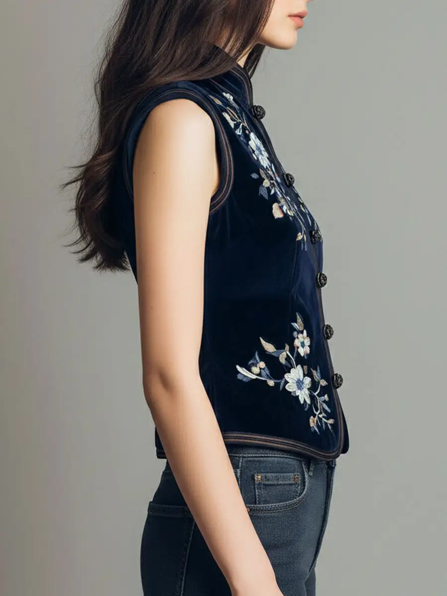 Boho Mandarin Collar Navy Velvet Embroidered Vest