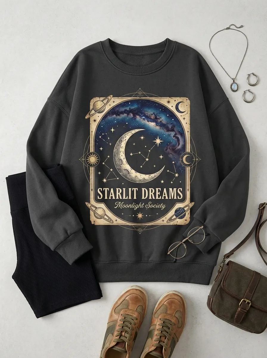 Women's Celestial Starlit Dreams Moon Galaxy Printed T-shirt