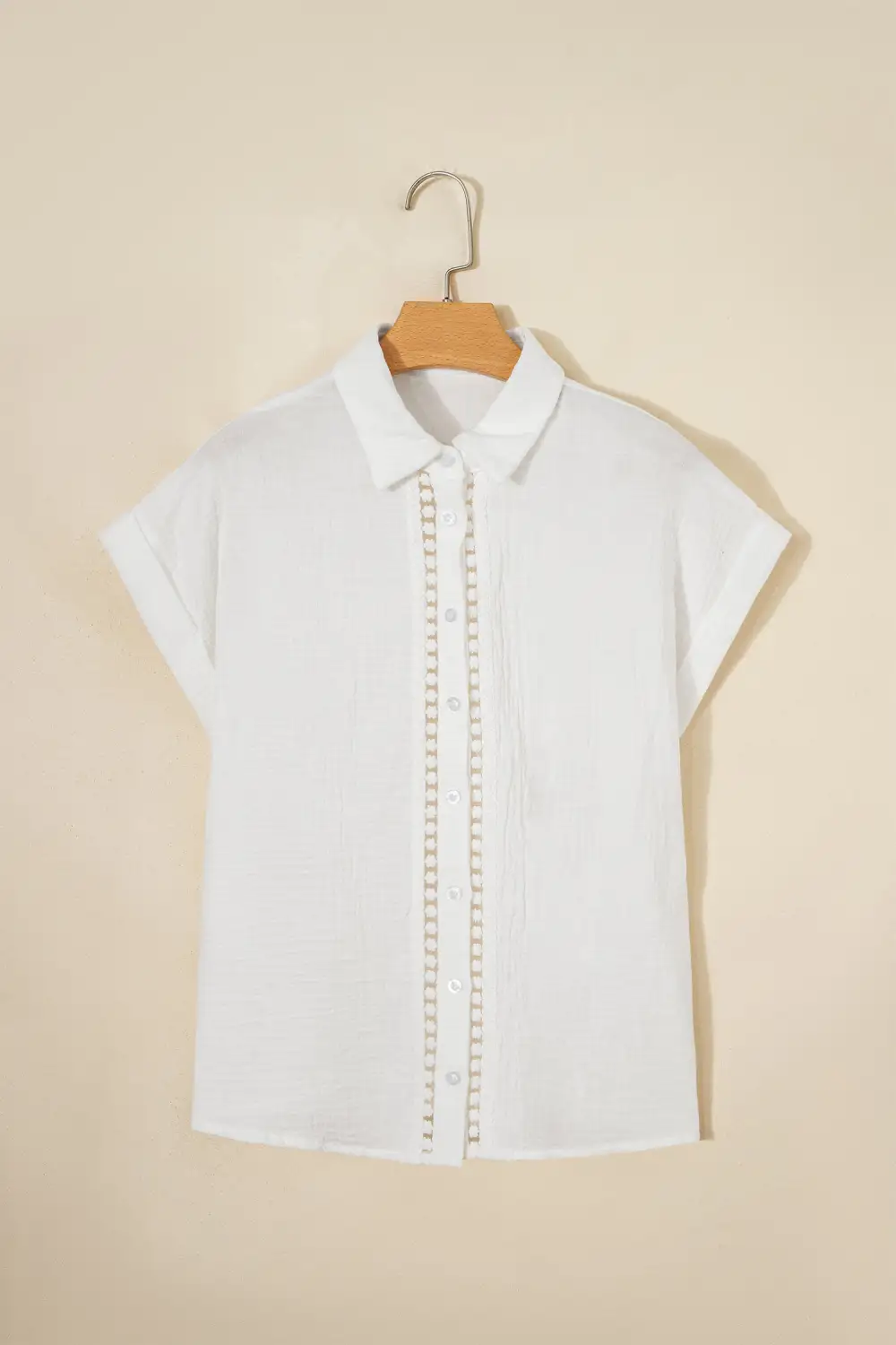 Lace Trim Textured Short Sleeve Shirt Blouse