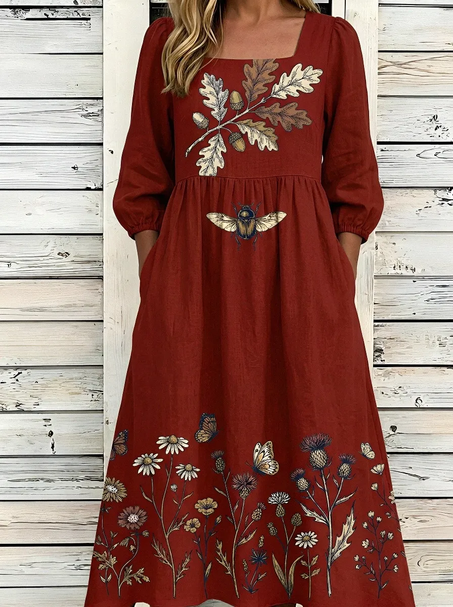 Women's Botanical Beetle Oak Leaf Butterfly Printed Dress