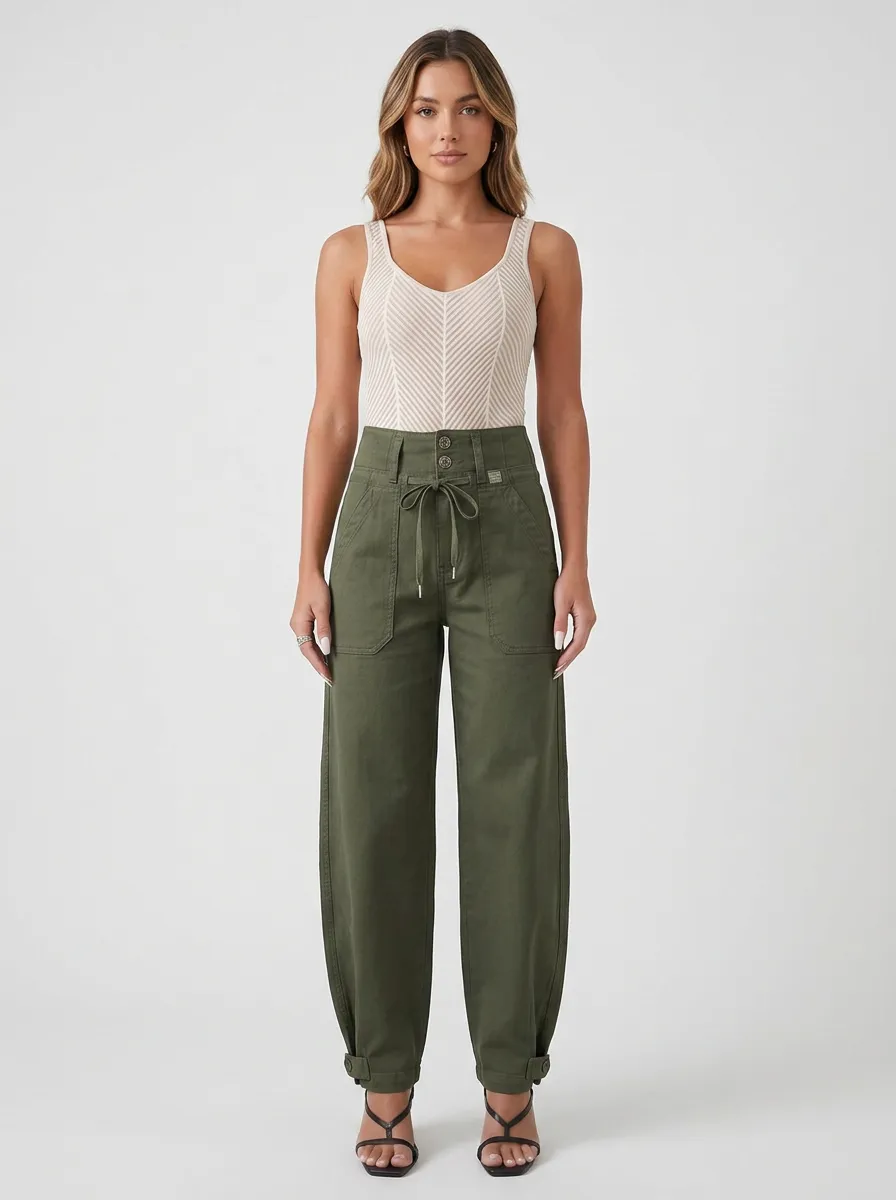 Women's Casual Olive Green High-Waisted Drawstring Cargo Pants