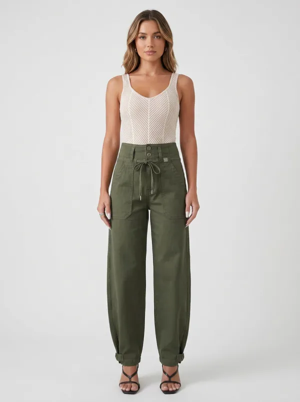 Women's Casual Olive Green High-Waisted Drawstring Cargo Pants